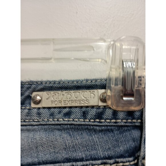 VTG Y2K Rerock For Express Bootcut Jeans Womens Sz 4 Short Blue Denim Distressed - Picture 5 of 12